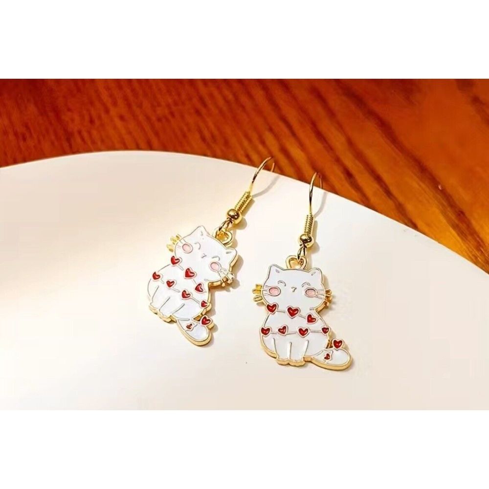 White Cat Earrings with Red Hearts Cute‎ Love Pets Jewelry New
